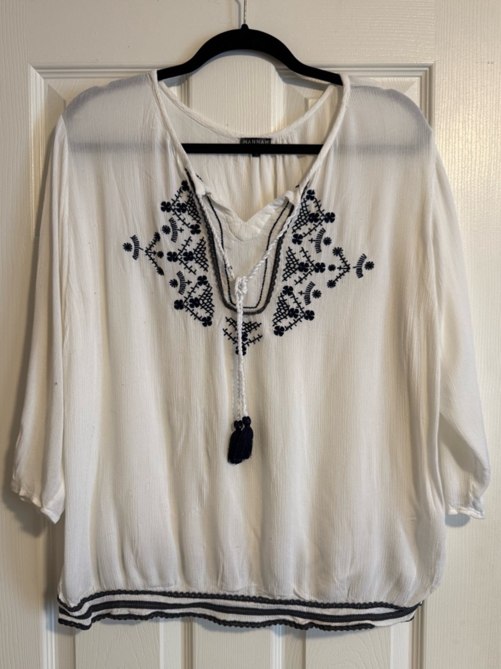 Hannah White Tunic Blouse with Navy Embroidery